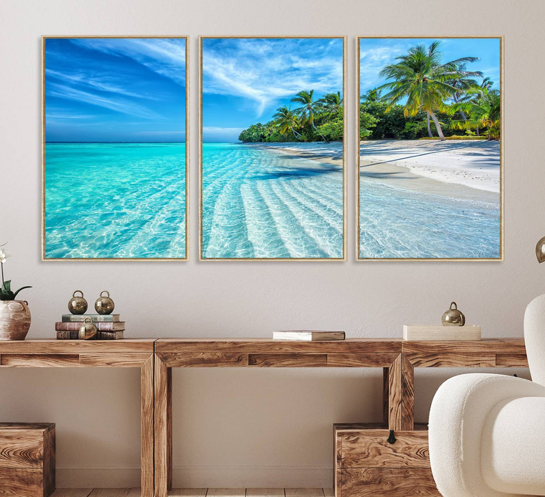 The Tropical Beach Wall Art Canvas Print features turquoise water and palm trees.