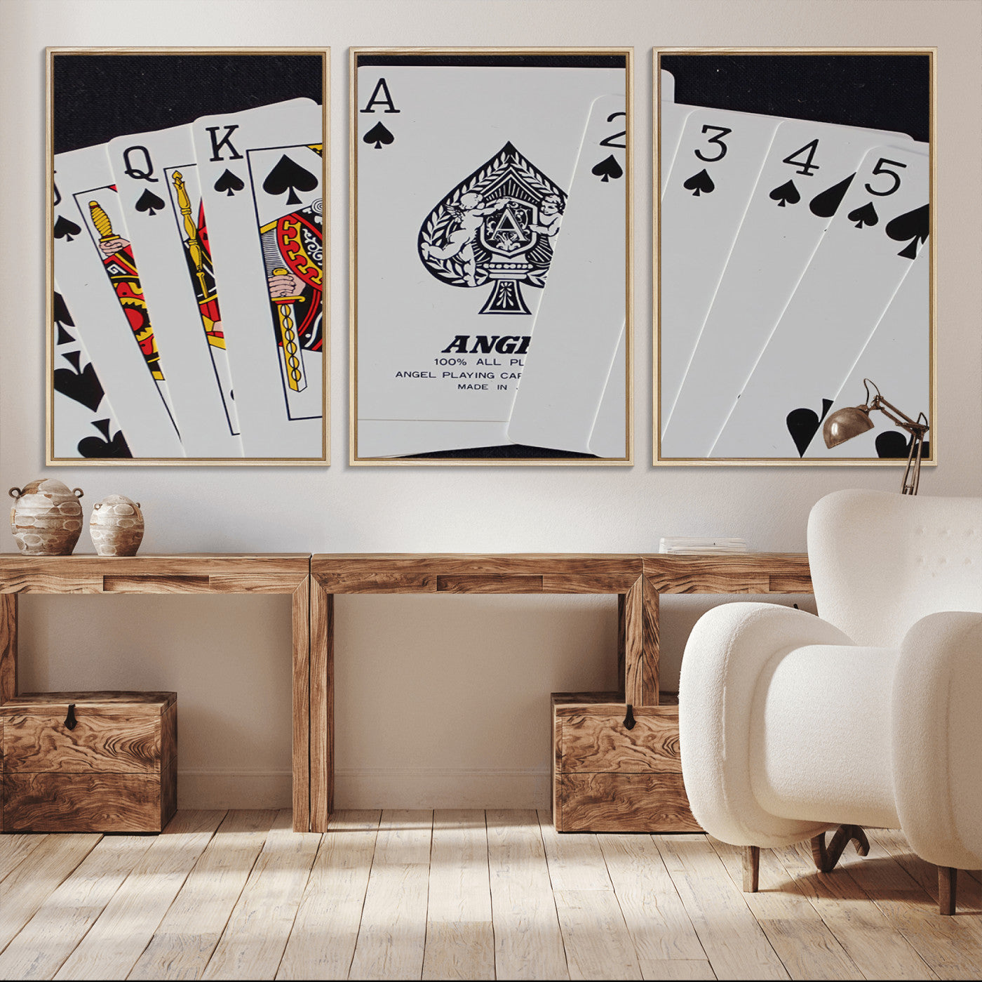 56787-MGV-FC-60X30-3P_Natural-Poker Wall Art - Playing Cards Canvas Wall Art Print - Ace of Spades and Royal Flush Design, Perfect