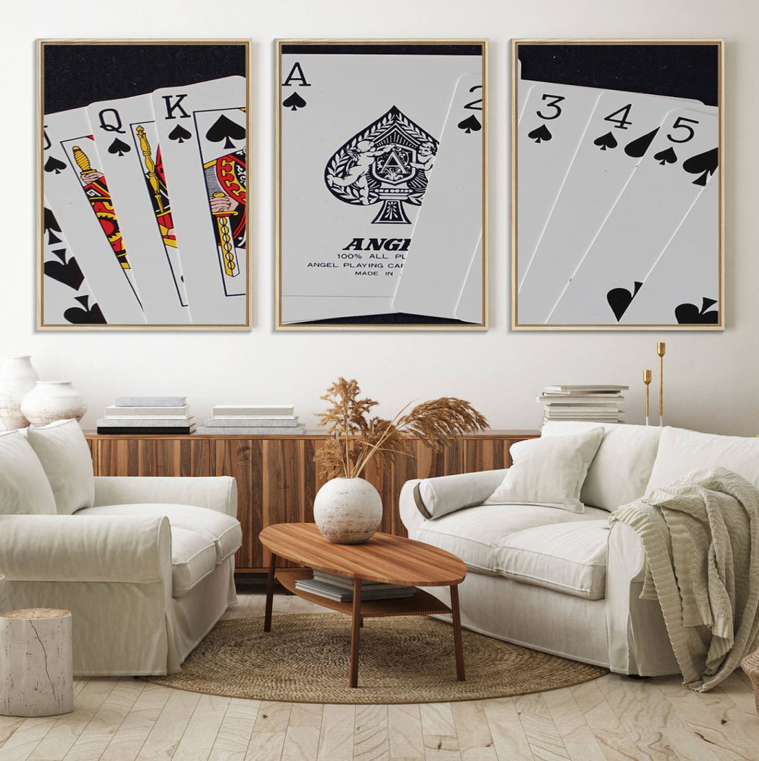 The Poker Wall Art - Playing Cards Canvas Wall Art Print features an Ace of Spades and Royal Flush design. This piece adds a classic charm to any space with its subtle emphasis on the Ace of Spades, making it perfect for game room decor.