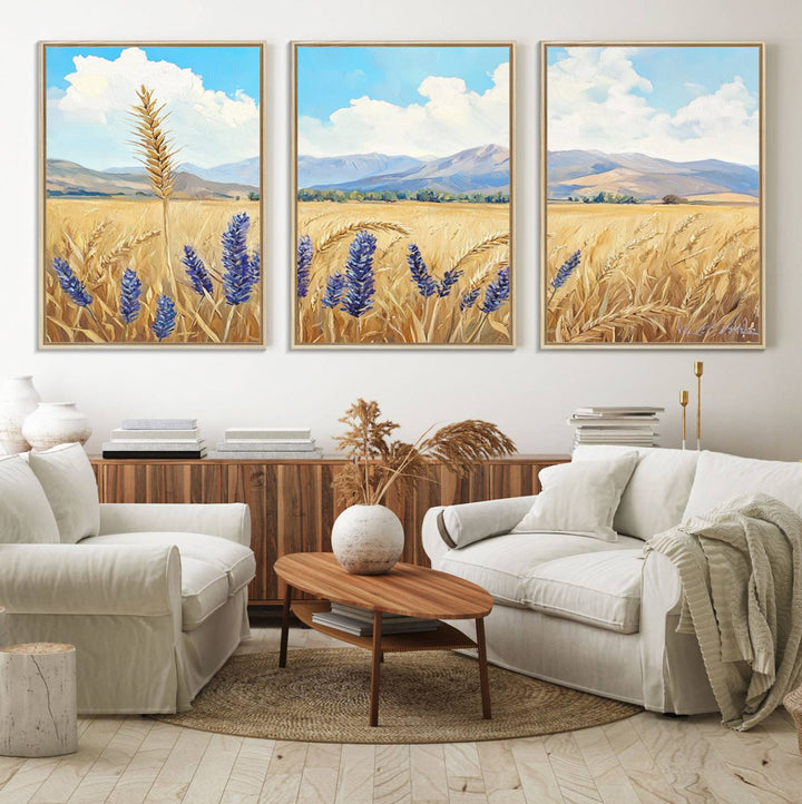 The Abstract Wheat Field Wall Art is a scenic landscape canvas print featuring golden wheat fields and lavender blooms, ideal for farmhouse or rustic decor.