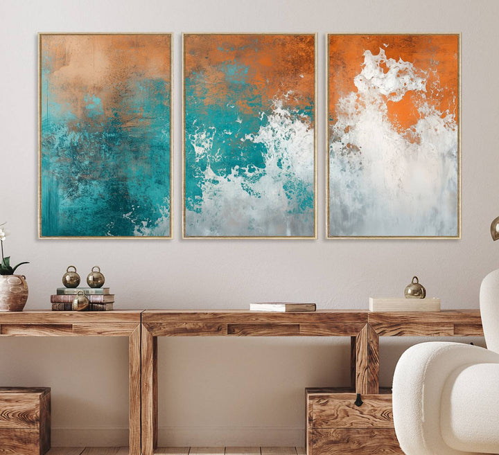 The Vintage Abstract Print - Bold Teal and Orange Canvas Wall Art is displayed on a porch.