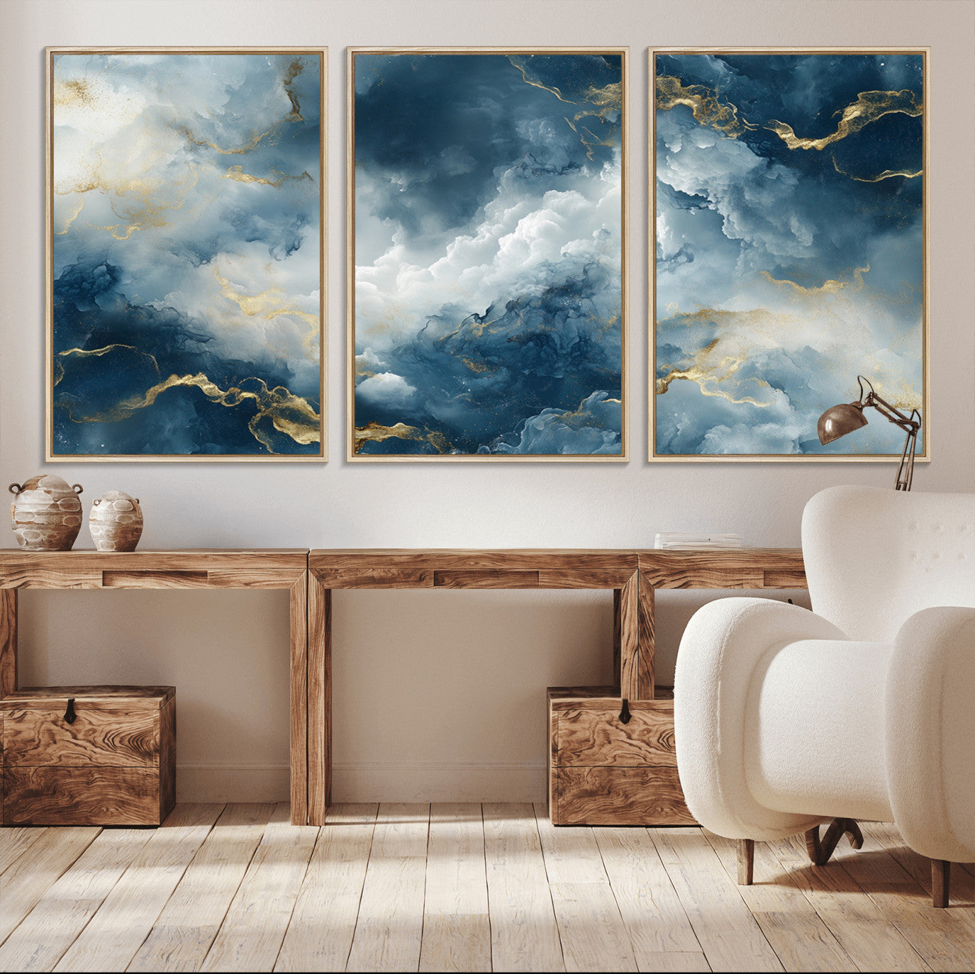MGV-FC-60X30-3P - Large Abstract Print - Luxe Blue and Gold Abstract Canvas Wall Art - Bold Cloudscape Canvas for