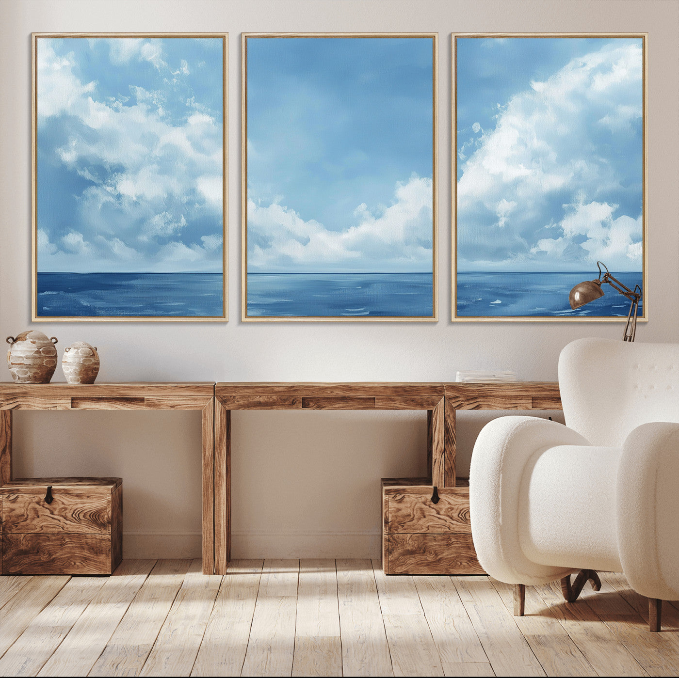 MGV-FC-60X30-3P - Abstract Ocean Print Artwork- Serene Blue Ocean Canvas Wall Art - Minimalist Ocean and Sky Canvas