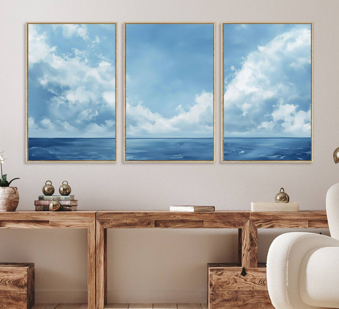 Abstract Ocean Print - Serene Blue Canvas displayed on a porch featuring minimalist decor.