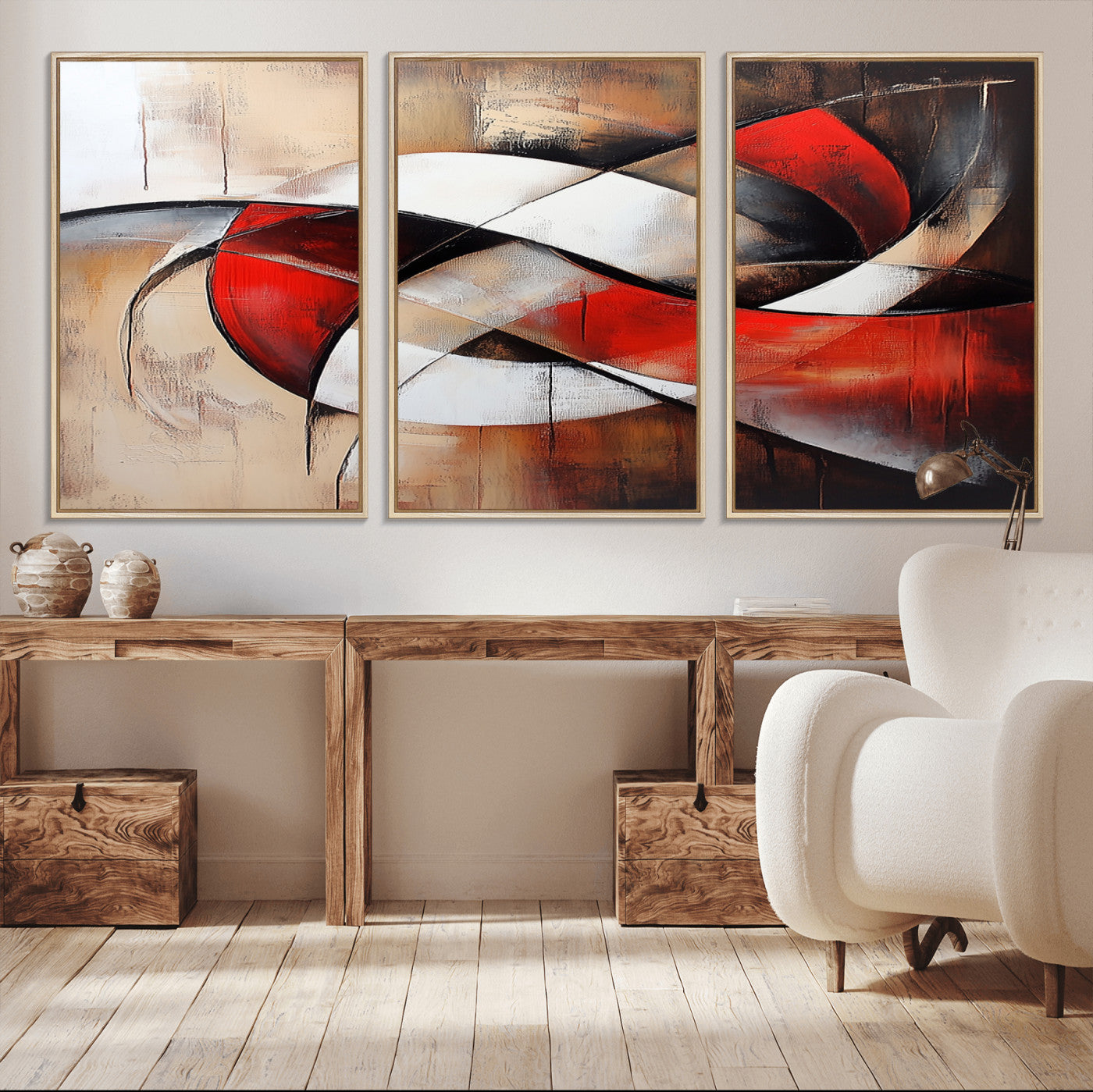 MGV-FC-60X30-3P - Abstract Wall Art - Modern Red and White Canvas Wall Art Print - Bold Geometric Abstract Canvas for