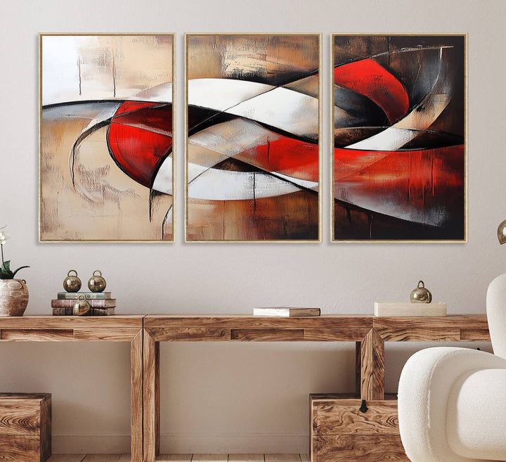 The Abstract Wall Art - Modern Red and White Canvas is displayed prominently in front of an entrance.