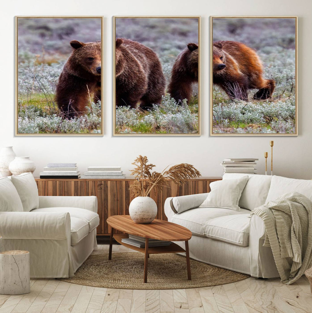 The "Grizzly 399 in Wild Flowers" wall art canvas print, showcasing grizzly bears amidst vibrant wildflowers, elegantly captures the enchanting essence of nature. This handmade piece from the USA brings striking beauty to any space.