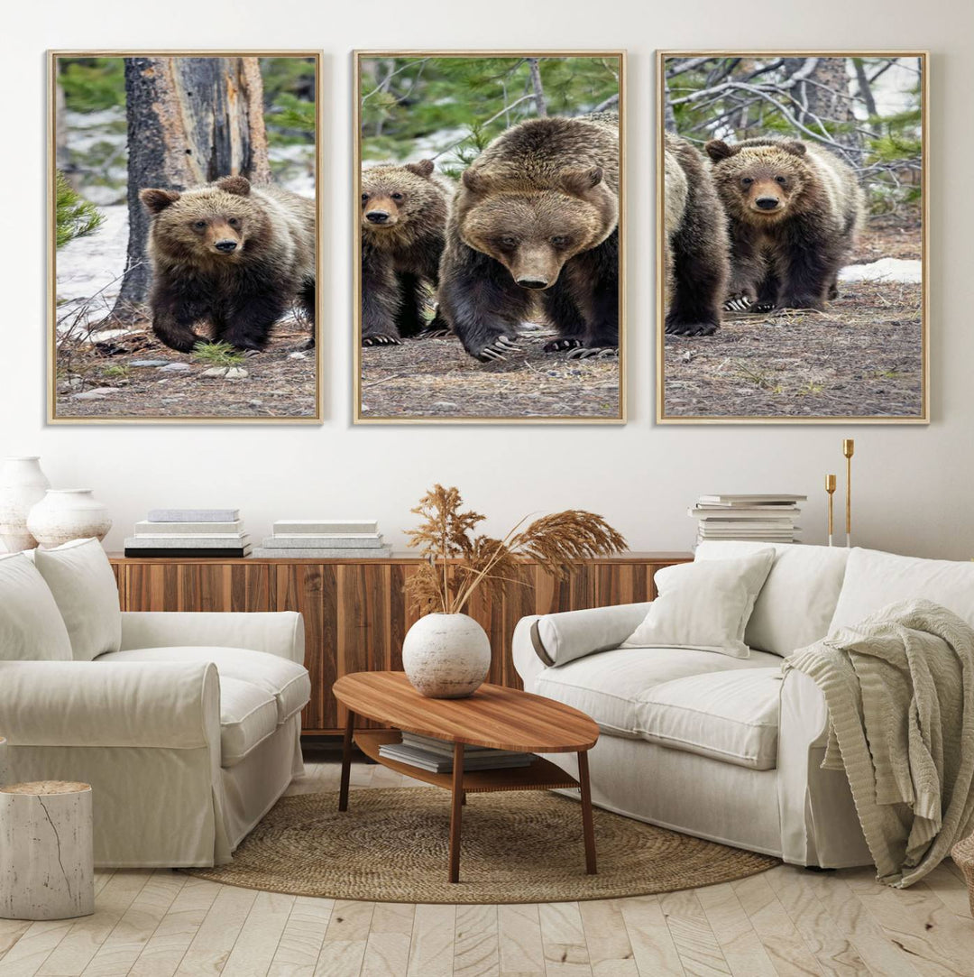 The wall art, a breathtaking canvas print titled "Queen of the Tetons," features 399 Grizzly Bear Cubs majestically captured in a forest setting. It is printed on premium canvas and handmade in the USA.