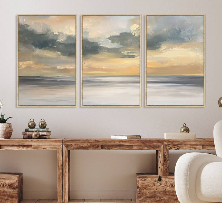 The Modern Coastal Wall Art Canvas Print features vibrant abstract ocean waves and clouds.