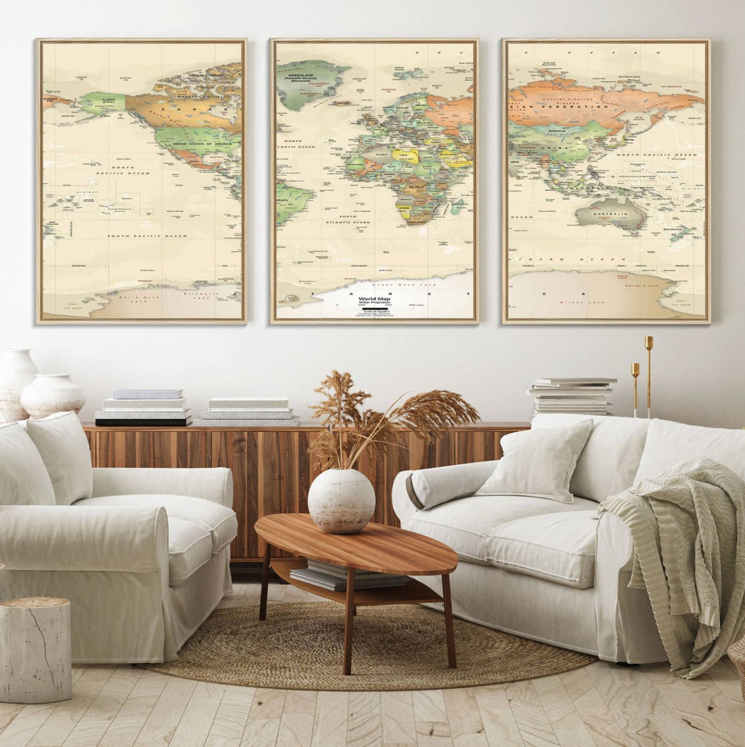 The Large Push Pin World Map Wall Art Canvas Print, with a gallery-quality finish, is carefully crafted on premium canvas and handmade in the USA. This piece adds a touch of elegance to any space.