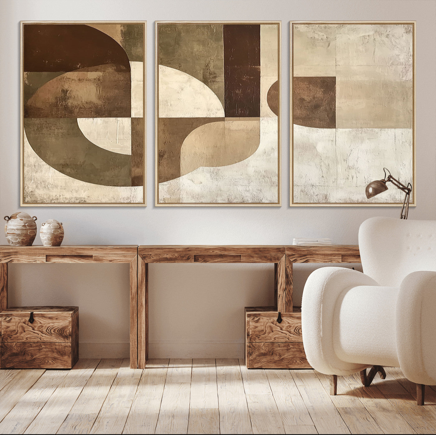 MGV-FC-60X30-3P - Wabi Sabi Geometric Wall Art | Abstract Modern Minimalist Canvas Print with Neutral Mid Century Art