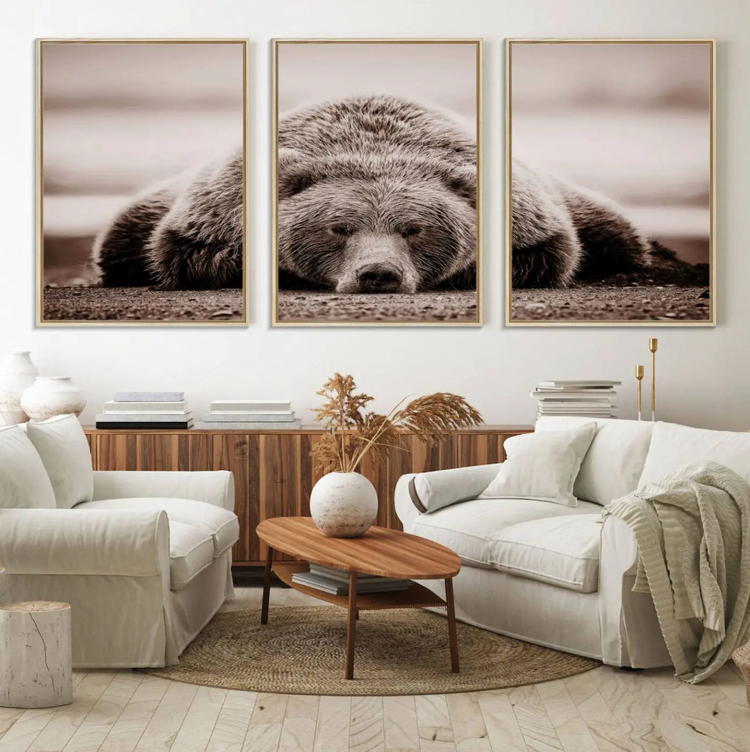 The Grizzly Bear Wall Art Print - a Rustic Bear Portrait Canvas - serves as the centerpiece on the wall, creating an elegant, nature-inspired decor.