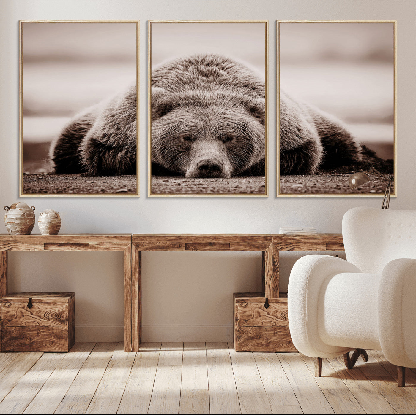 MGV-FC-60X30-3P - Grizzly Bear Wall Art Print - Bear Canvas Wall Art - Rustic Bear Portrait Canvas Print for Cabin