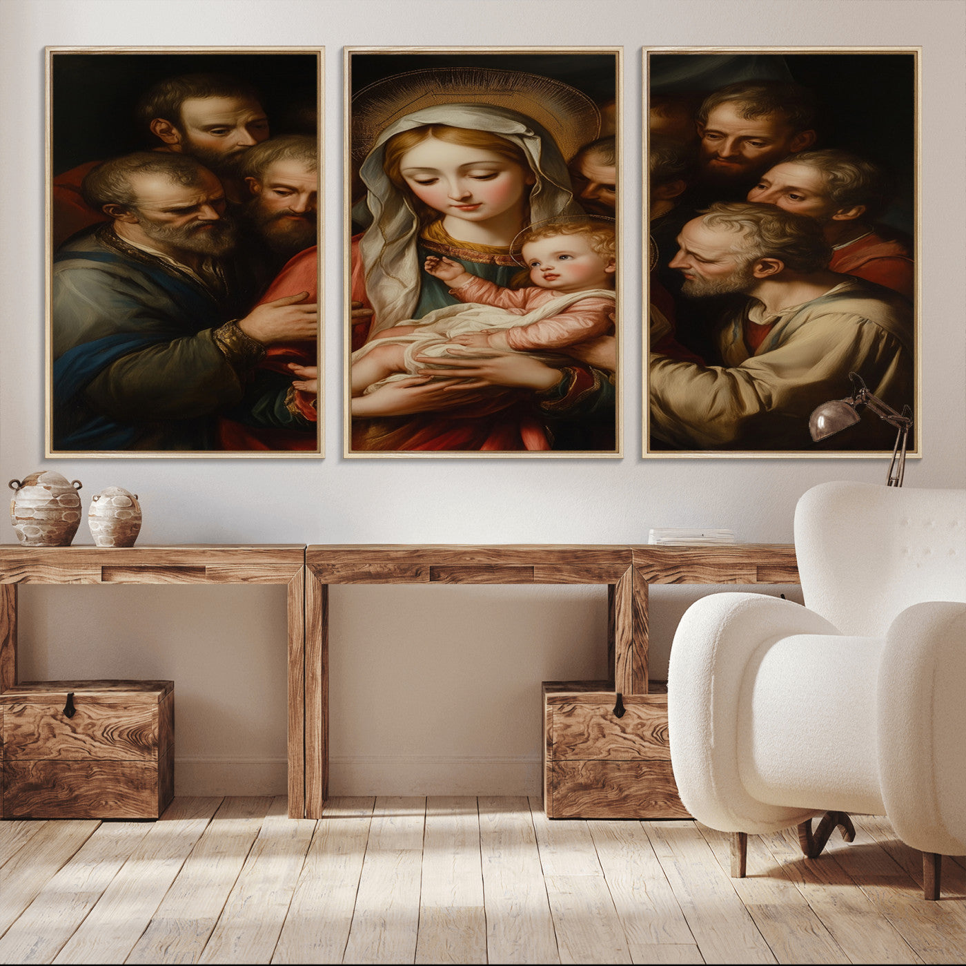 MGV-FC-60X30-3P - Religious Canvas Wall Art Print - Madonna and Child with Apostles Art Print - Classic Christian