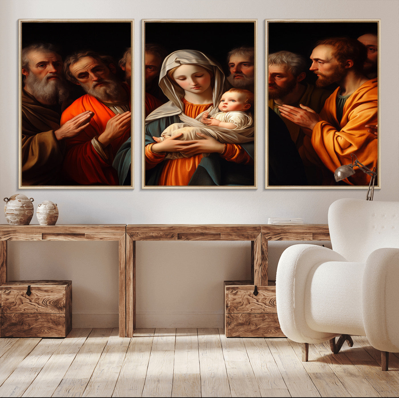MGV-FC-60X30-3P - Religious Canvas Wall Art Print - Madonna and Child with Apostles Art Print - Classic Christian
