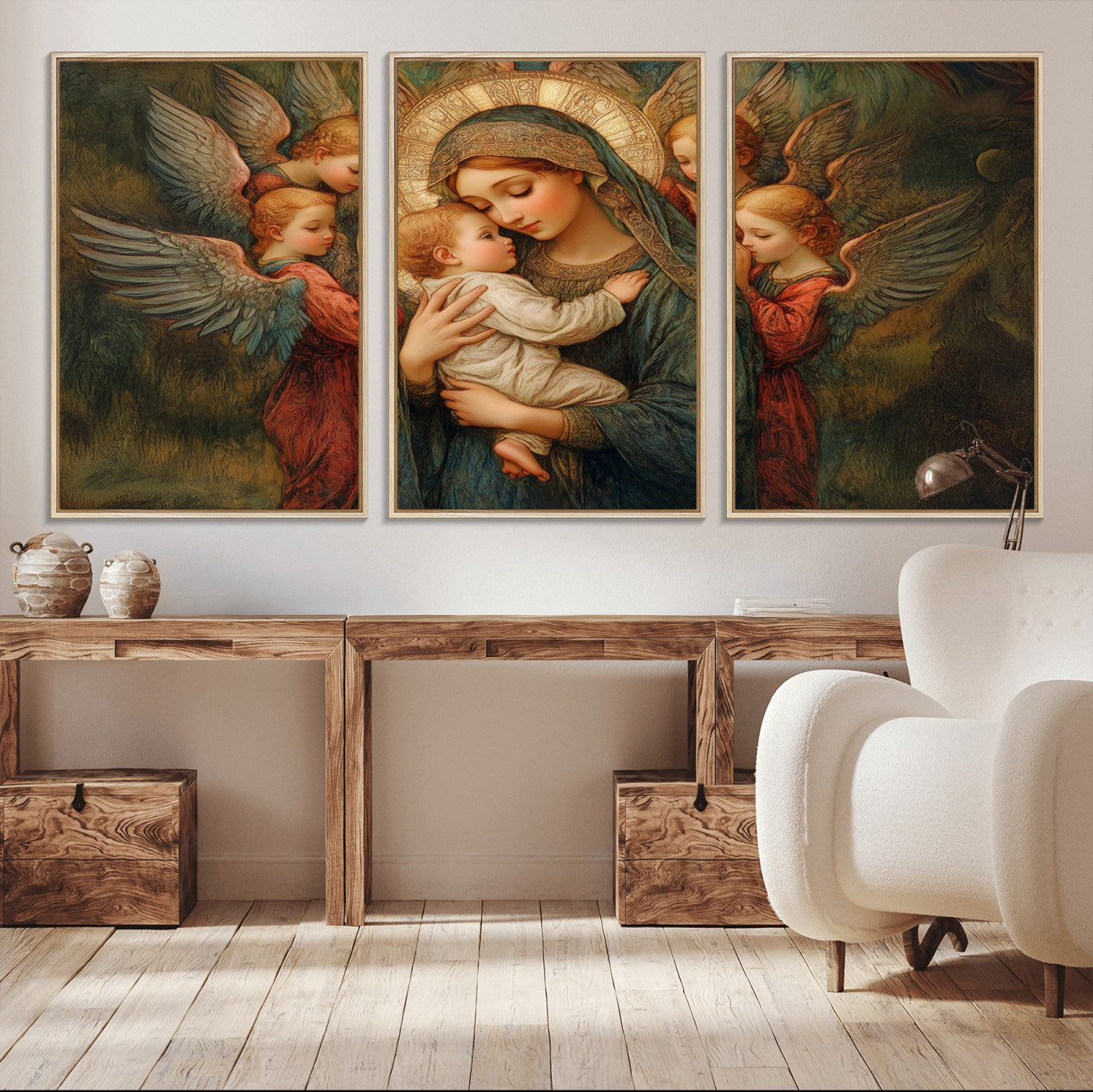 MGV-FC-60X30-3P - Mary Jesus Canvas Wall Art Print - Madonna and Child with Angels Art Print - Classic Christian