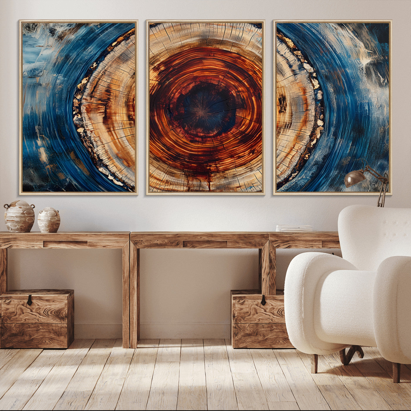MGV-FC-60X30-3P - Abstract Framed Tree Rings Wall Decor, Wood Grain Rings Artwork Print, Nature Woodland Modern Wall