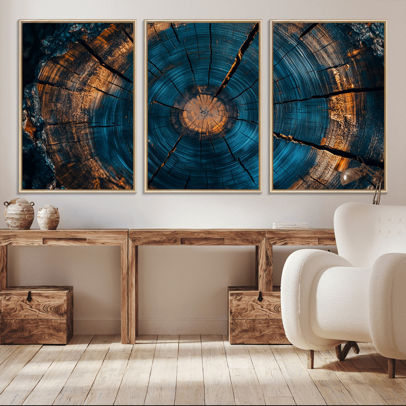 MGV-FC-60X30-3P - Farmhouse Wall Art - Abstract Tree Rings Canvas Wall Art Print, Framed Wood Grain Rings Artwork