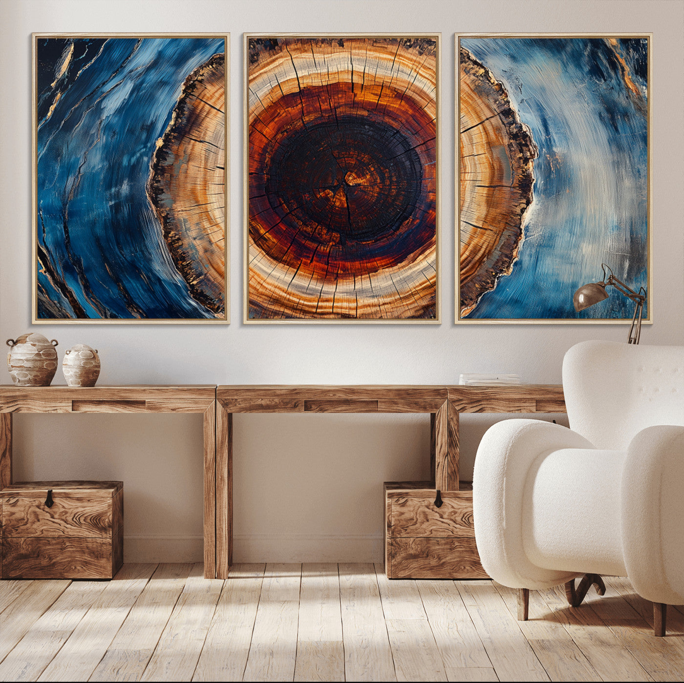 MGV-FC-60X30-3P - Framed Abstract Tree Ring Wall Art Print, Natural Rustic Wood Texture Canvas Print, Wood Tree Stump