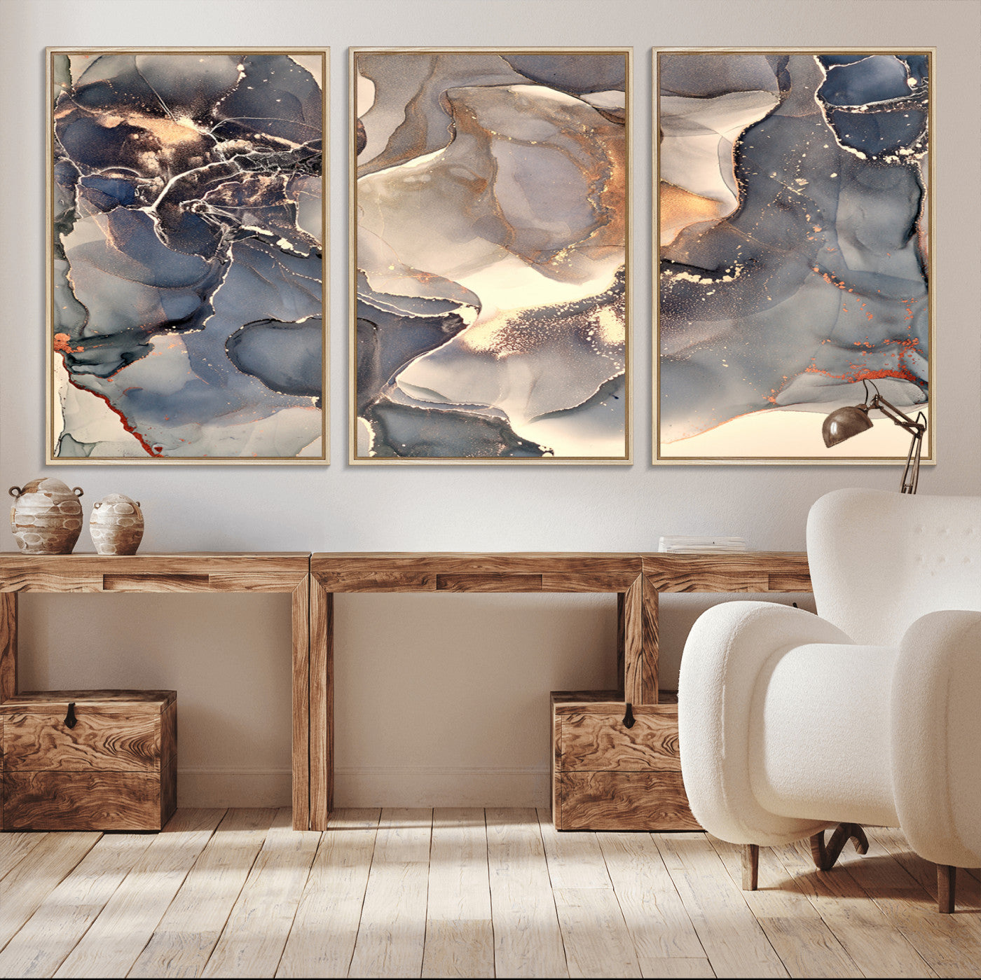 MGV-FC-60X30-3P - Abstract Blue and Gold Wall Art - Fluid Ink Artwork - Modern Luxury Wall Decor for Contemporary