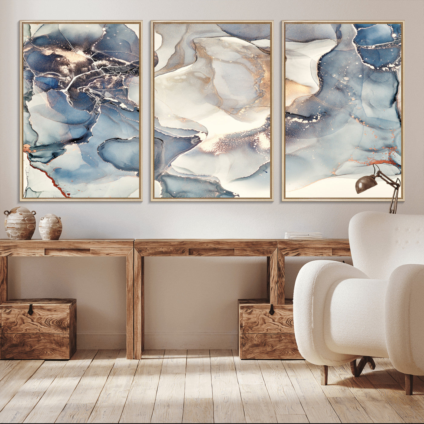 MGV-FC-60X30-3P - Abstract Blue and Gold Canvas Wall Art - Fluid Modern Ink Artwork - Modern Luxury Wall Decor for