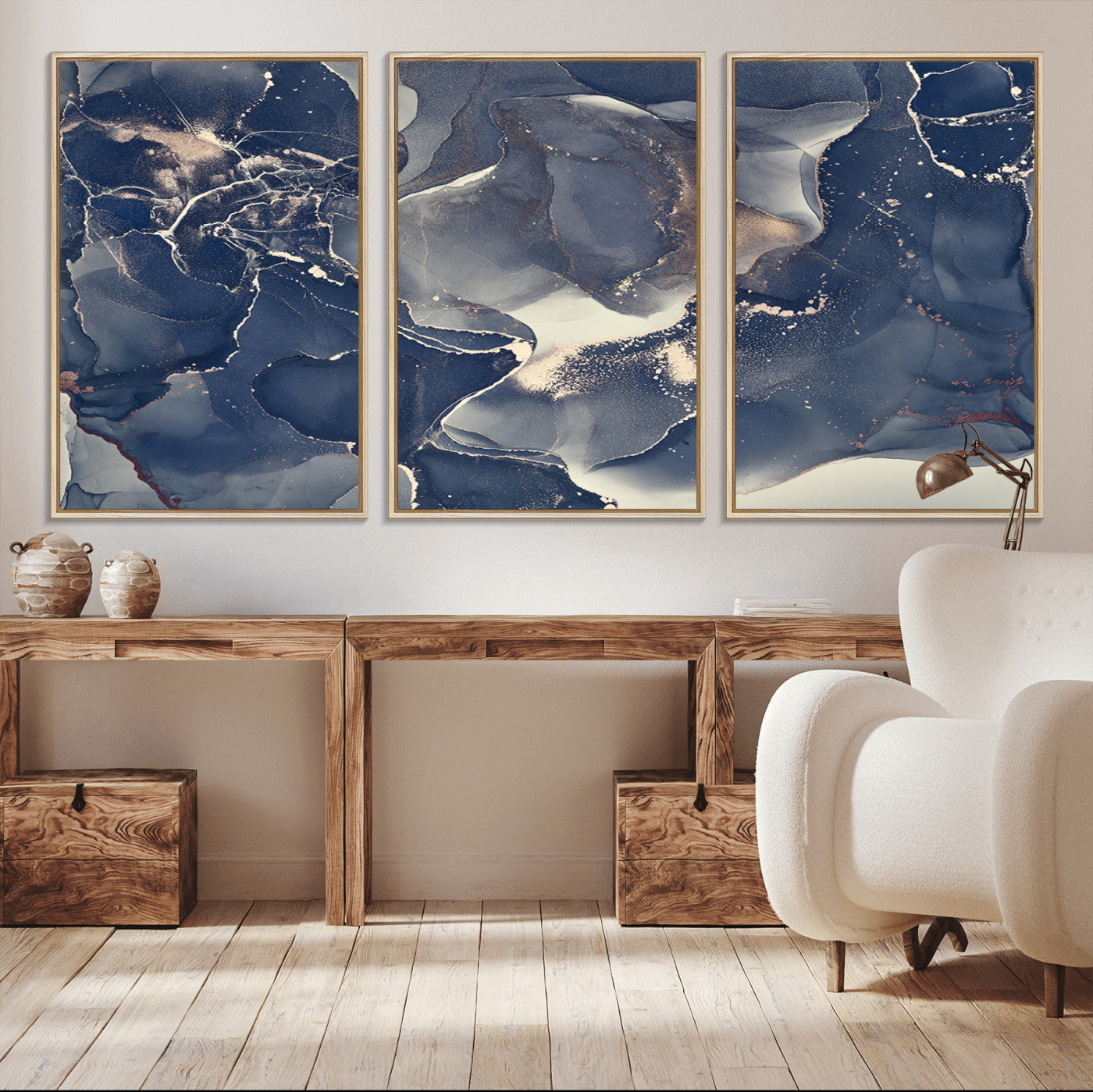 MGV-FC-60X30-3P - Large Abstract Blue and Gold Canvas Wall Art | Fluid Ink Artwork Print | Luxury Wall Decor for