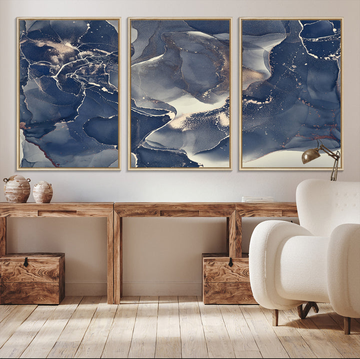 Large Abstract Blue and Gold Canvas Wall Art | Fluid Ink Artwork Print | Luxury Wall Decor for Contemporary Interiors | Framed Ready to Hang