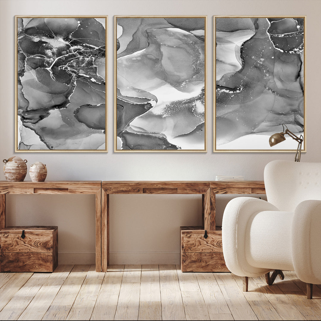 Black White Abstract Canvas Wall Art - Fluid Ink Artwork - Modern Luxury Wall Decor for Contemporary Interiors