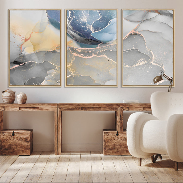 Large Abstract Blue and Gold Canvas Wall Art | Fluid Ink Artwork Print | Luxury Wall Decor for Contemporary Interiors | Framed Blue and Gold