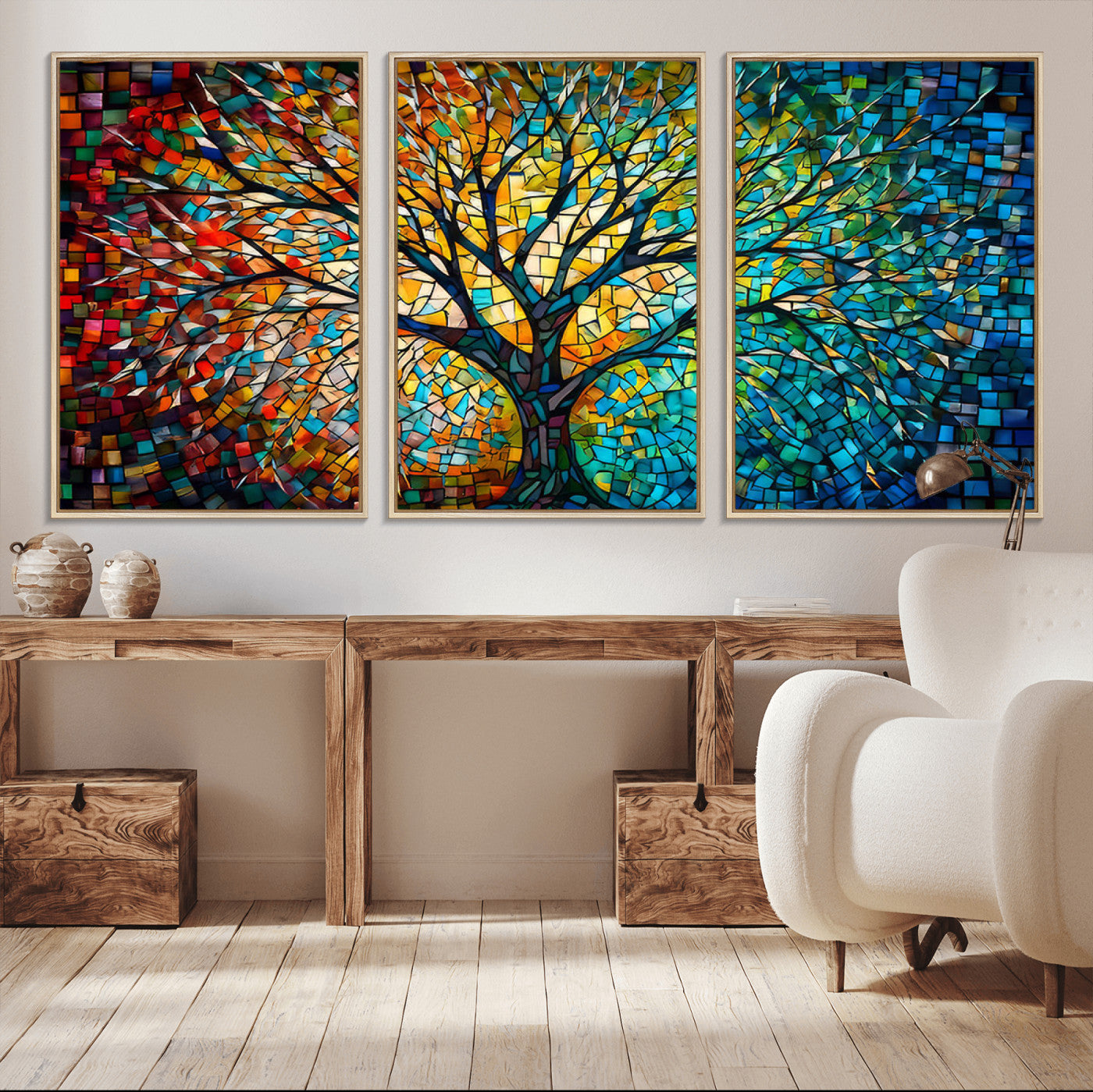 MGV-FC-60X30-3P - Yggdrasil Tree of Life Wall Art Print Canvas | Mosaic Style 3-Panel Canvas Print