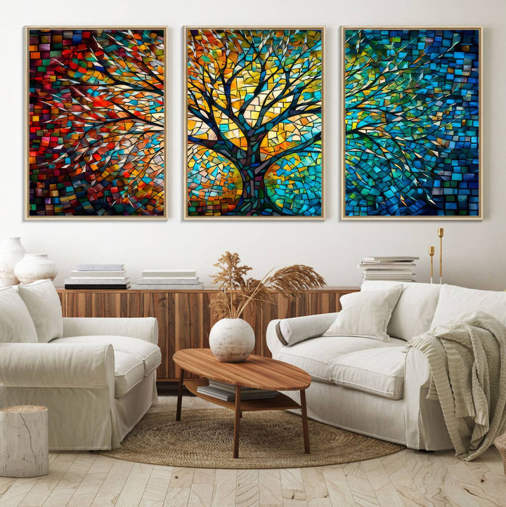 Explore the Yggdrasil Tree of Life Wall Art Print, a 3-panel canvas print made in the USA, featuring a vibrant multicolor mosaic design.