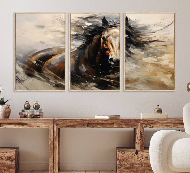 The Abstract Wall Art Horse Print adds rustic charm.