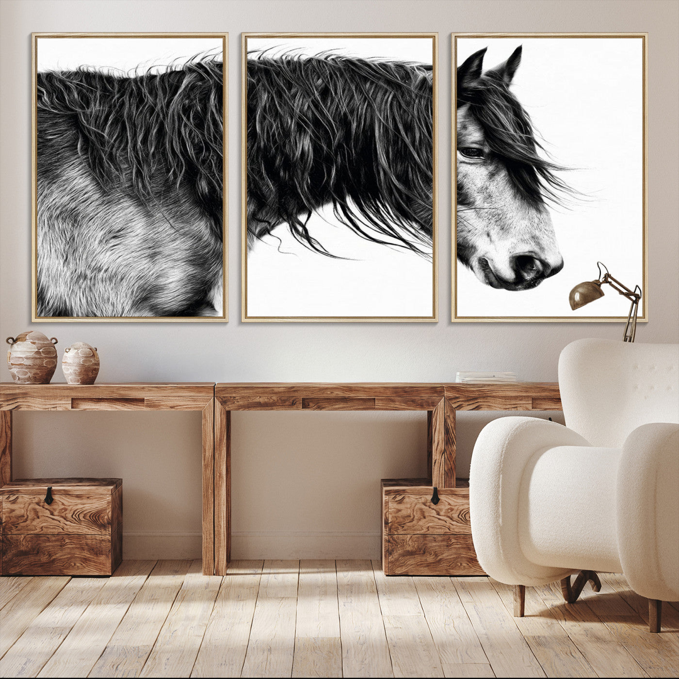 A stunning black-and-white portrait of a horse with a flowing mane, captured in dramatic detail and emotion.