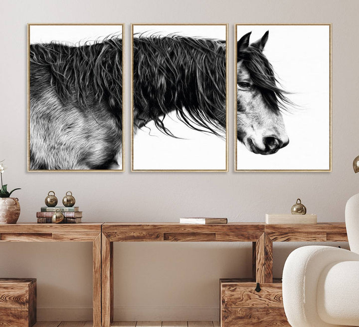 Black Horse Wall Art Canvas Print for farmhouse decor on the kitchen wall.