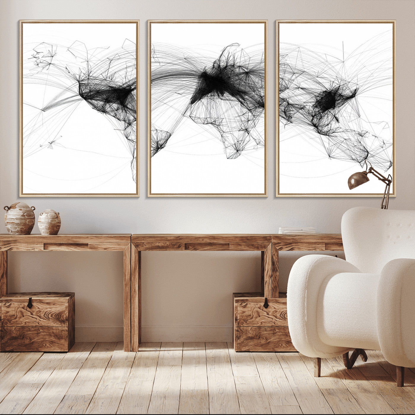 A minimalist abstract world map created from interconnected black lines representing global connectivity and communication networks.