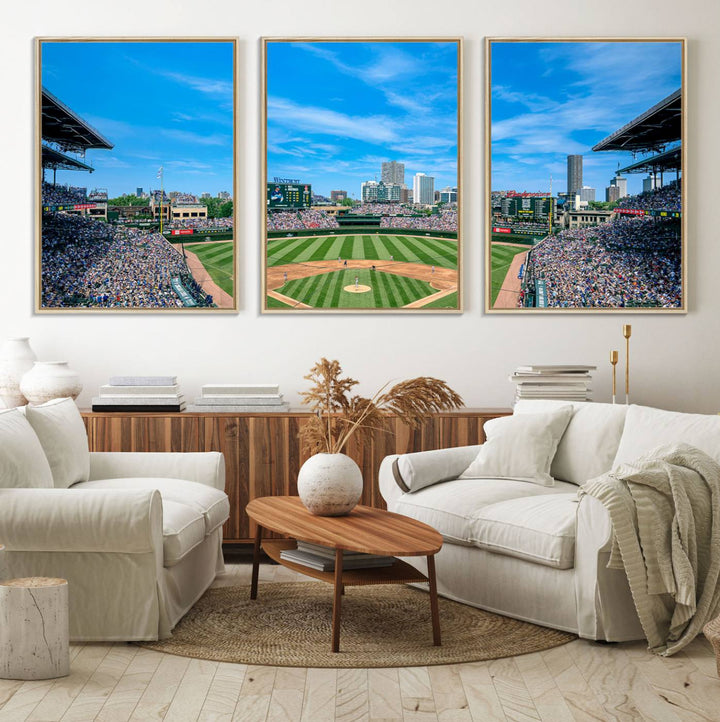 The Wrigley Field Chicago Cubs canvas art, depicting the iconic stadium, is perfect for sports lovers.