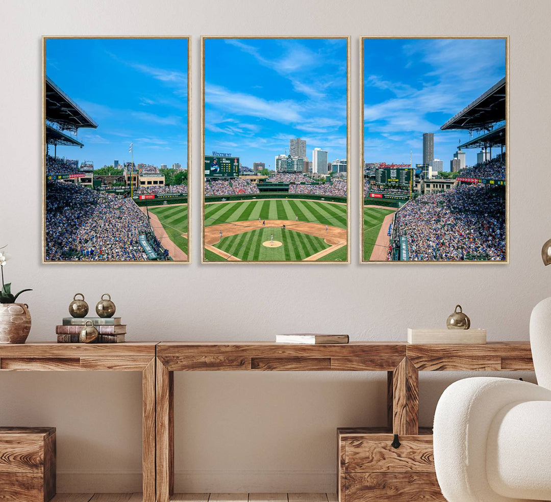 Panoramic view of Wrigley Field, ideal for the Wrigley Field Chicago Cubs Panoramic Canvas Wall Art - Ready to Hang.