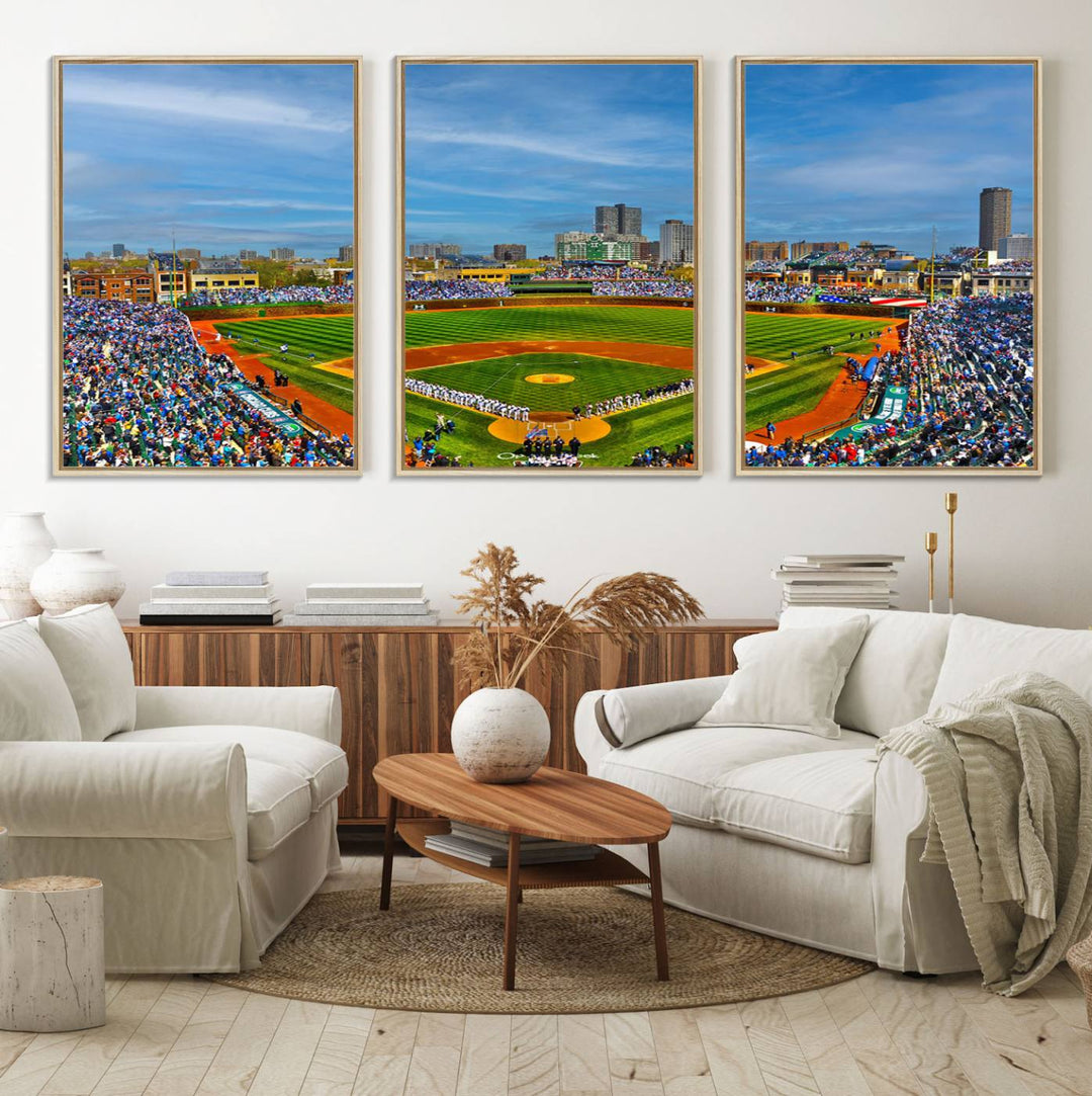 The Wrigley Field Cubs Panoramic Canvas Art hangs prominently in the modern living room.