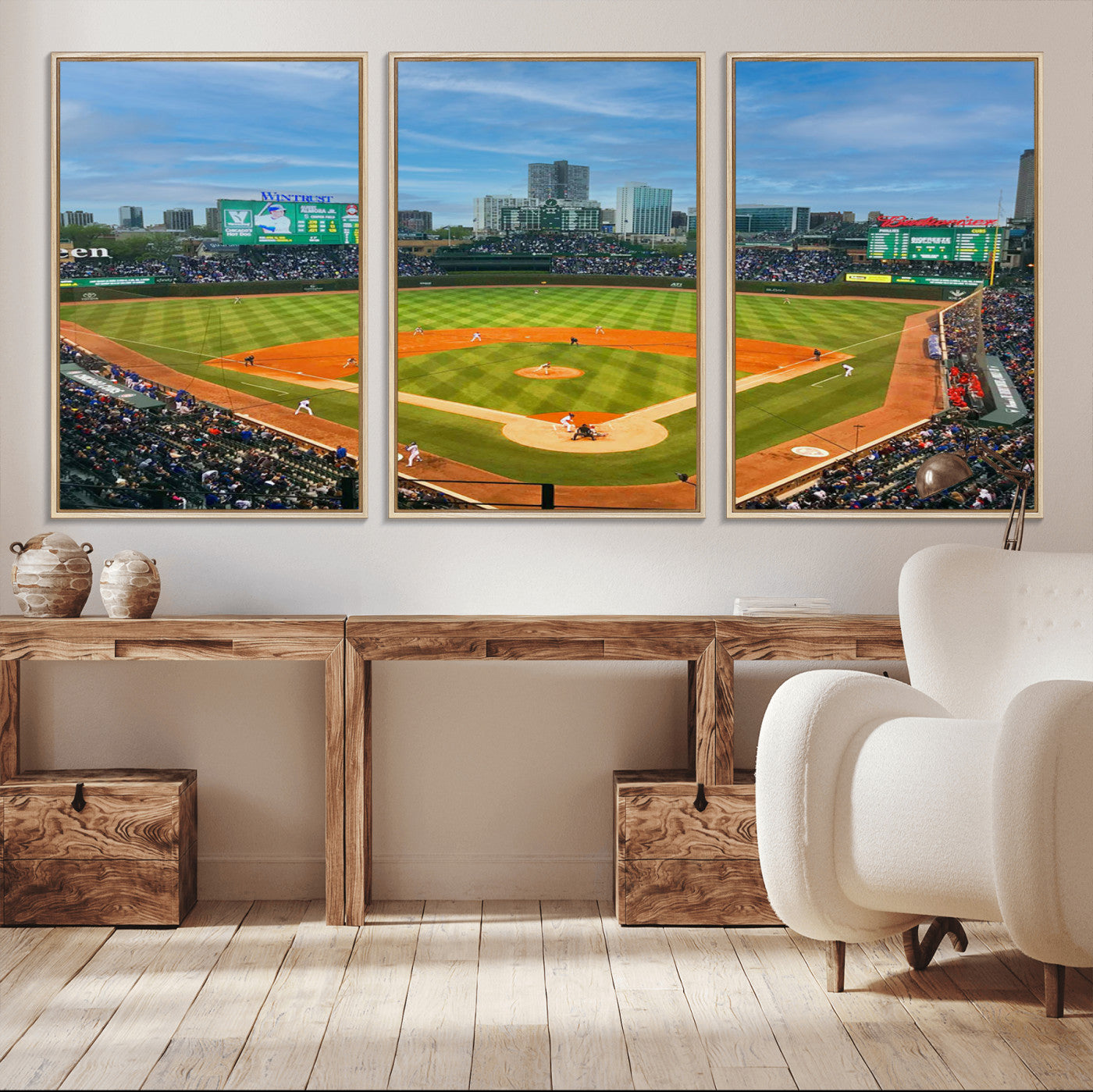MGV-FC-60X30-3P - Wrigley Field Chicago Cubs Panoramic Multi Piece Canvas Wall Art - Iconic Baseball Stadium Print for