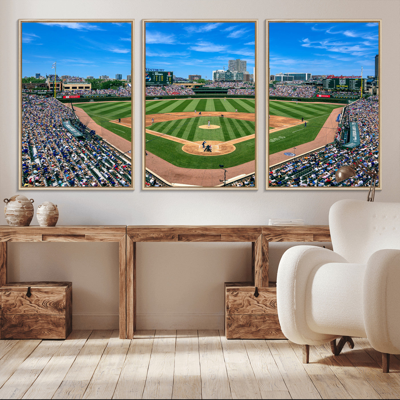 26064-MGV-CV-30X20-Framed Wrigley Field Chicago Cubs Print, Panoramic Multi Piece Canvas Wall Art - Iconic Baseball Stadium Print for Sports Lovers - Ready to