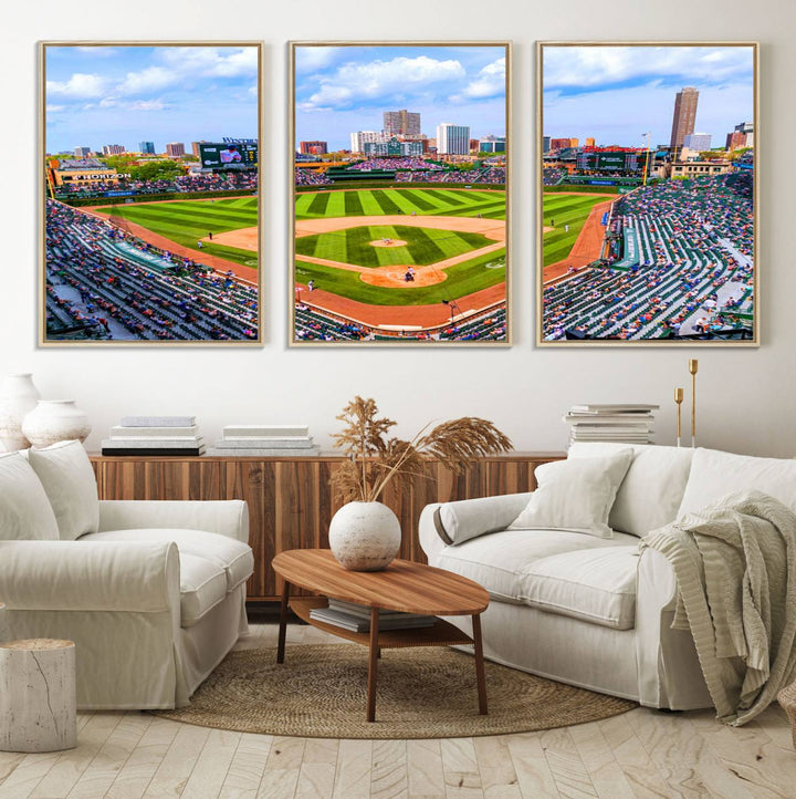 A 3-piece panoramic canvas wall art showcases an aerial view of a packed Chicago Cubs game at Wrigley Field, perfect for sports lovers.