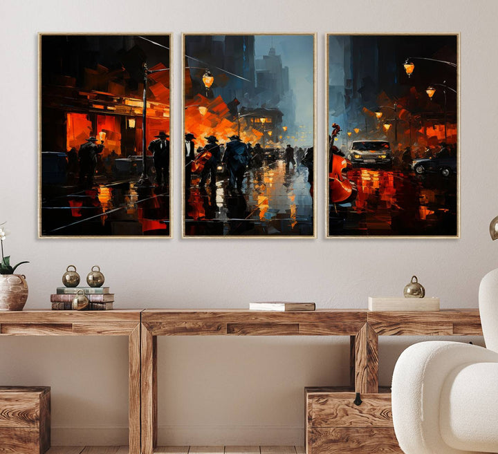 Framed Abstract Music Canvas: Jazz musicians on a rainy city street at night, with warm lights reflecting on wet pavement.