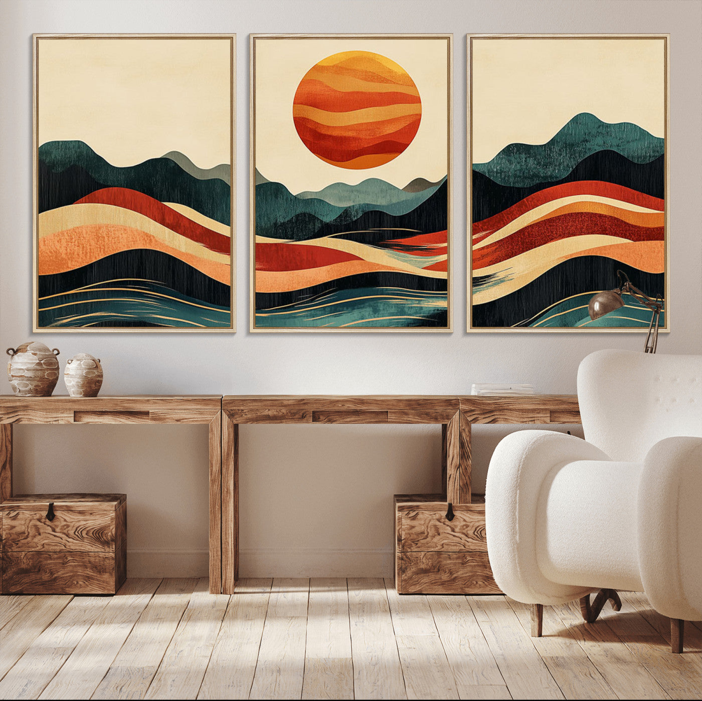 MGV-FC-60X30-3P - Mountain Triptych Wall Art - Western Nature Prints - Framed Boho Pine Tree Canvas for Log Cabin or
