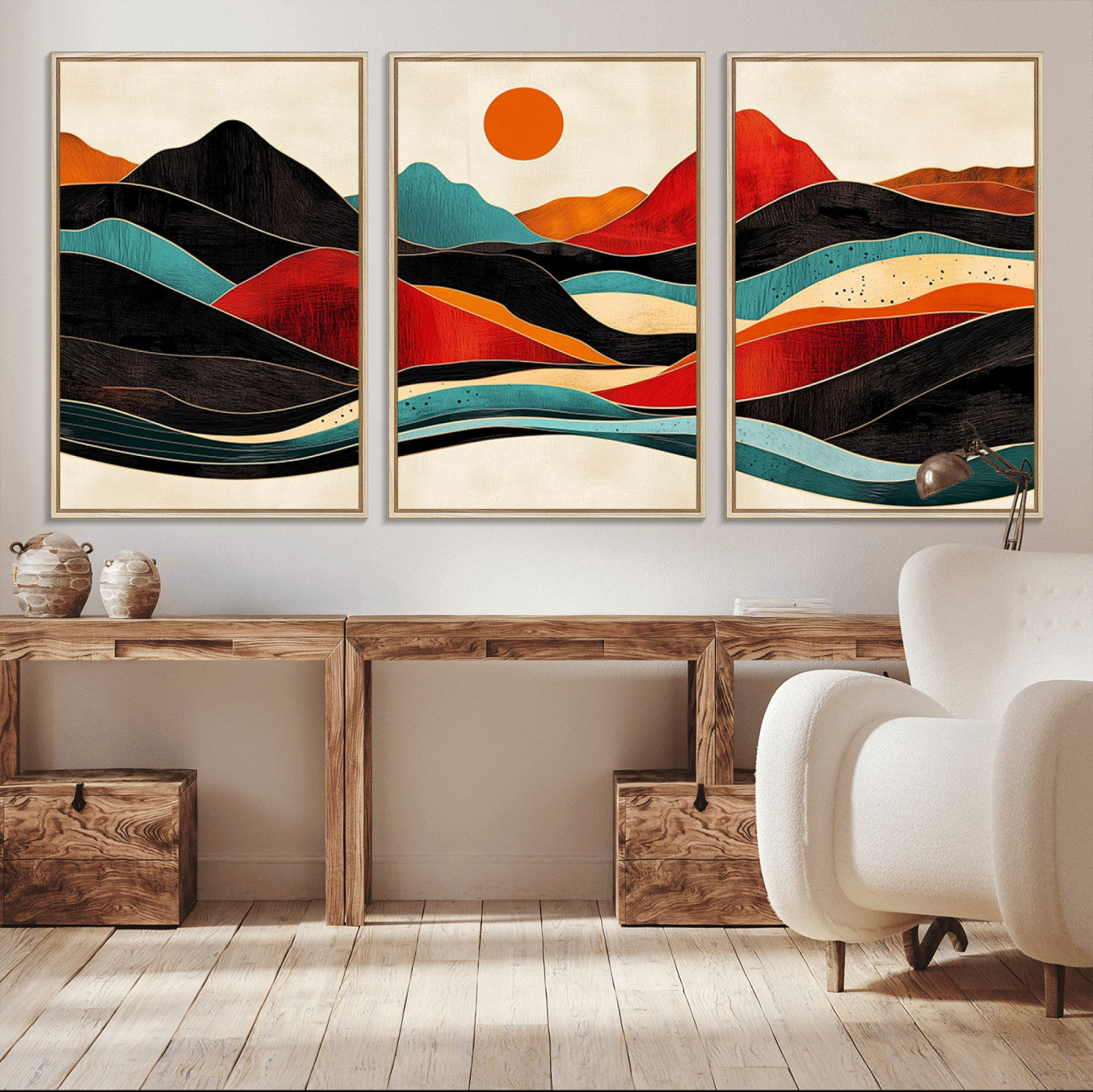 MGV-FC-60X30-3P - Western Wall Decor - Large Triptych Mountain Canvas - Boho Woodland Wall Art Print - Framed