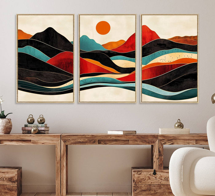 The Colorful Western Triptych Canvas features a vibrant mountain and sun design, making it perfect for modern kitchens or log cabin walls.