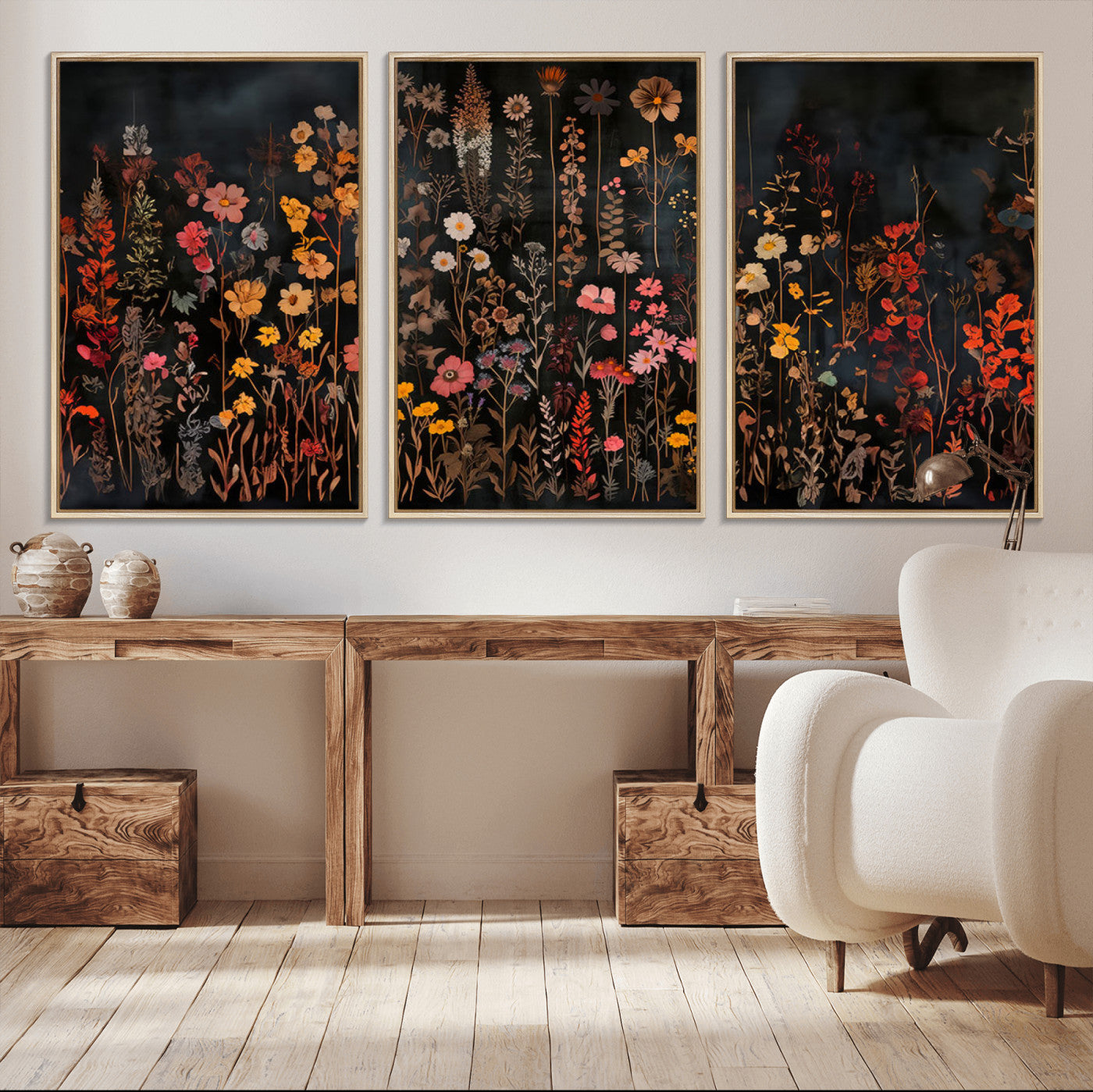 MGV-FC-60X30-3P - Dark Floral Canvas Wall Art - Moody Botanical Flower Print - Rustic Floral Wall Decor for Home -
