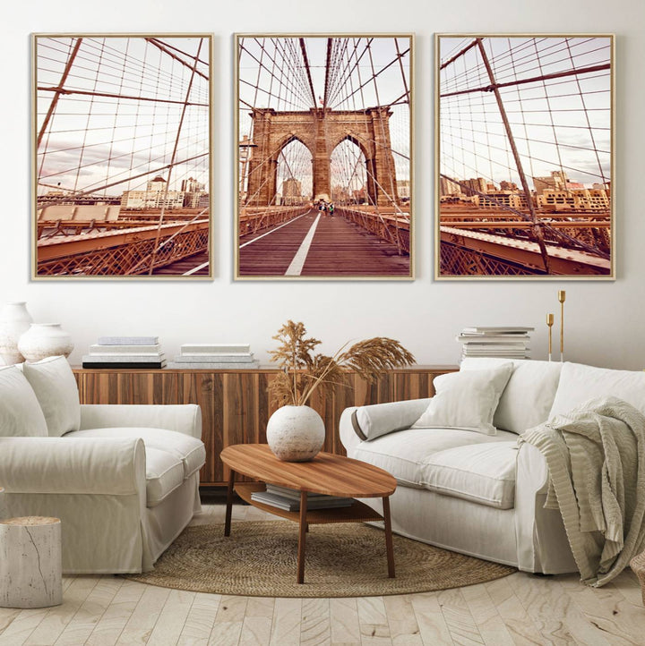 The three-panel "Wall Art New York Manhattan Cityscape Canvas Print" of the Brooklyn Bridge makes an ideal addition to minimalist interiors, capturing the essence of abstract expressionism.