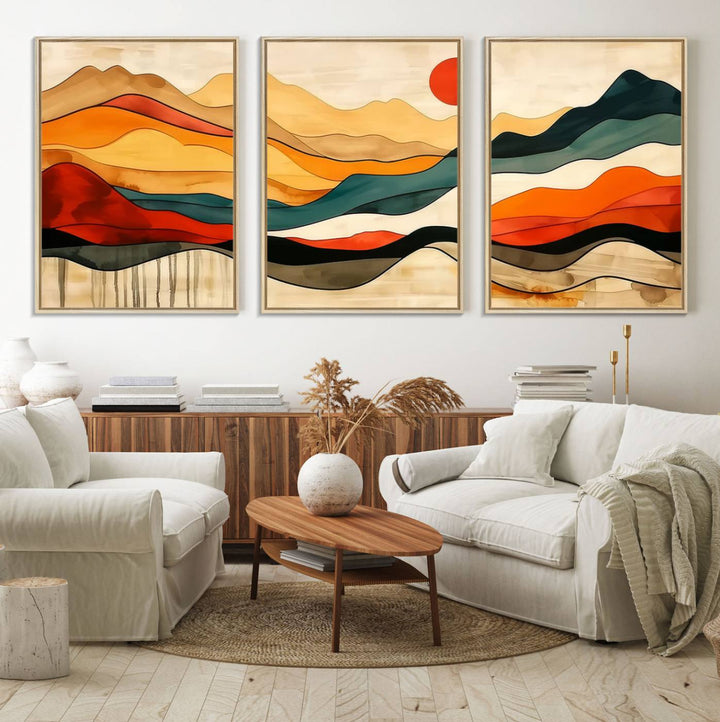 Abstract Mountain Wall Art Triptych with a Red Sun, ideal for a Mid-Century style space.