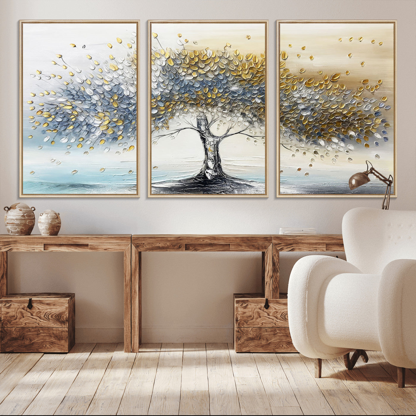 An elegant impasto painting featuring a tree with shimmering silver and gold leaves, blending soft pastels to create a calm and sophisticated atmosphere.
