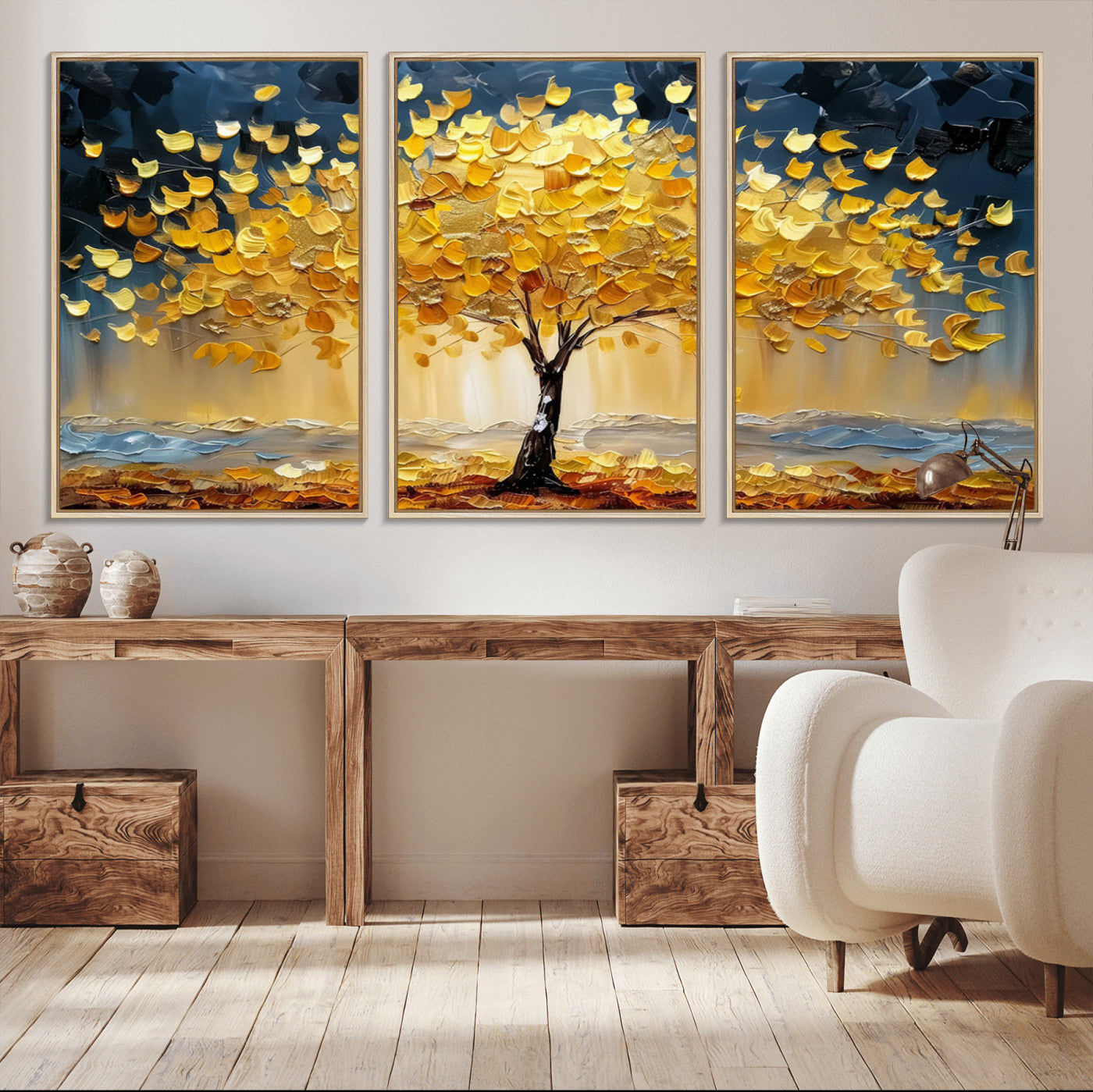 45682-MGV-CV-36X24-Golden Autumn Tree Wall Art – Framed Fall Leaves Canvas Artwork, Vibrant Seasonal Design, Cozy Nature Decor for Home, Office